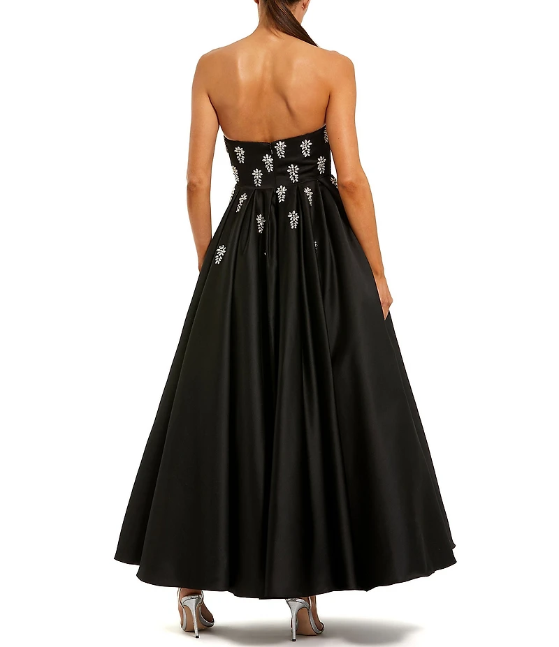 Mac Duggal Bead Bodice Satin Strapless Ankle Dress