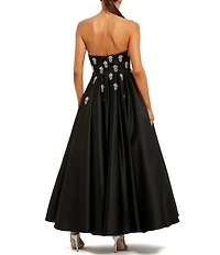 Mac Duggal Bead Bodice Satin Strapless Ankle Dress