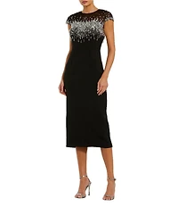 Mac Duggal Bead Illusion Neck Crepe Midi Dress