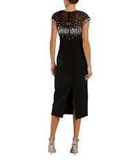 Mac Duggal Bead Illusion Neck Crepe Midi Dress