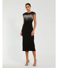 Mac Duggal Bead Illusion Neck Crepe Midi Dress