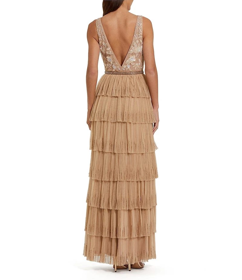 Mac Duggal Beaded 3D Flower Mesh Plunging V-Neck Embellished Waist Tiered Ruffle Column Gown