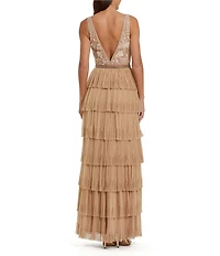 Mac Duggal Beaded 3D Flower Mesh Plunging V-Neck Embellished Waist Tiered Ruffle Column Gown