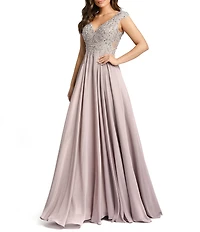 Mac Duggal Beaded Applique Bodice V-Neck Sleeveless A-Line Gown