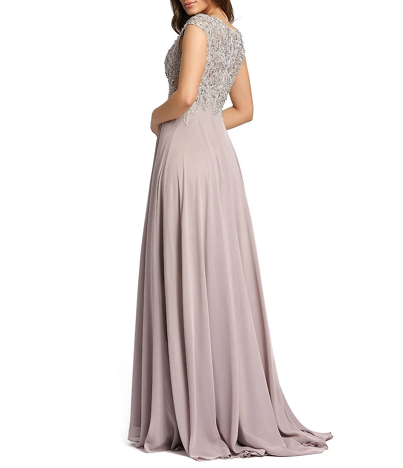 Mac Duggal Beaded Applique Bodice V-Neck Sleeveless A-Line Gown