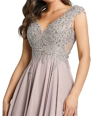 Mac Duggal Beaded Applique Bodice V-Neck Sleeveless A-Line Gown
