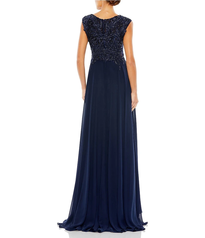 Mac Duggal Beaded Applique Bodice V-Neck Sleeveless A-Line Gown