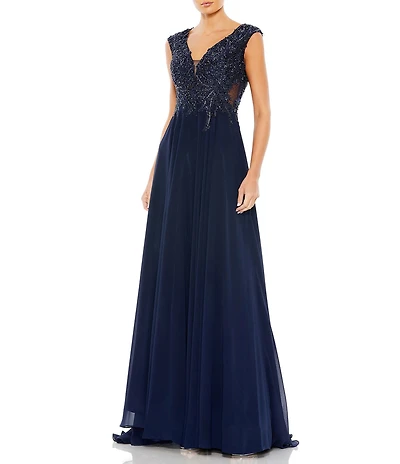 Mac Duggal Beaded Applique Bodice V-Neck Cap Sleeve A-Line Gown