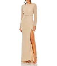 Mac Duggal Beaded Boat Neck Belted Long Sleeve Side Slit Gown