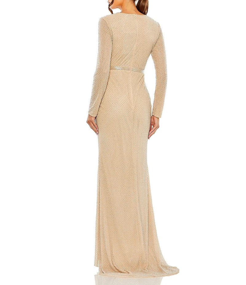Mac Duggal Beaded Boat Neck Belted Long Sleeve Side Slit Gown