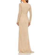 Mac Duggal Beaded Boat Neck Belted Long Sleeve Side Slit Gown