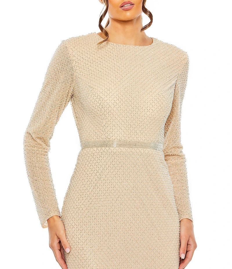 Mac Duggal Beaded Boat Neck Belted Long Sleeve Side Slit Gown