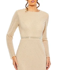 Mac Duggal Beaded Boat Neck Belted Long Sleeve Side Slit Gown