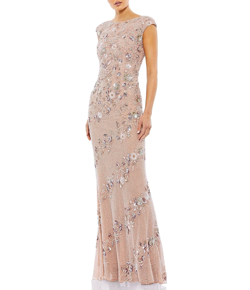 Mac Duggal Beaded Boat Neck Cap Sleeve Sheath Gown
