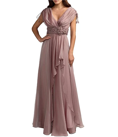 Mac Duggal Beaded Chiffon Draped Sleeves V Neck Gown