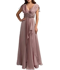 Mac Duggal Beaded Chiffon Draped Sleeves V Neck Gown