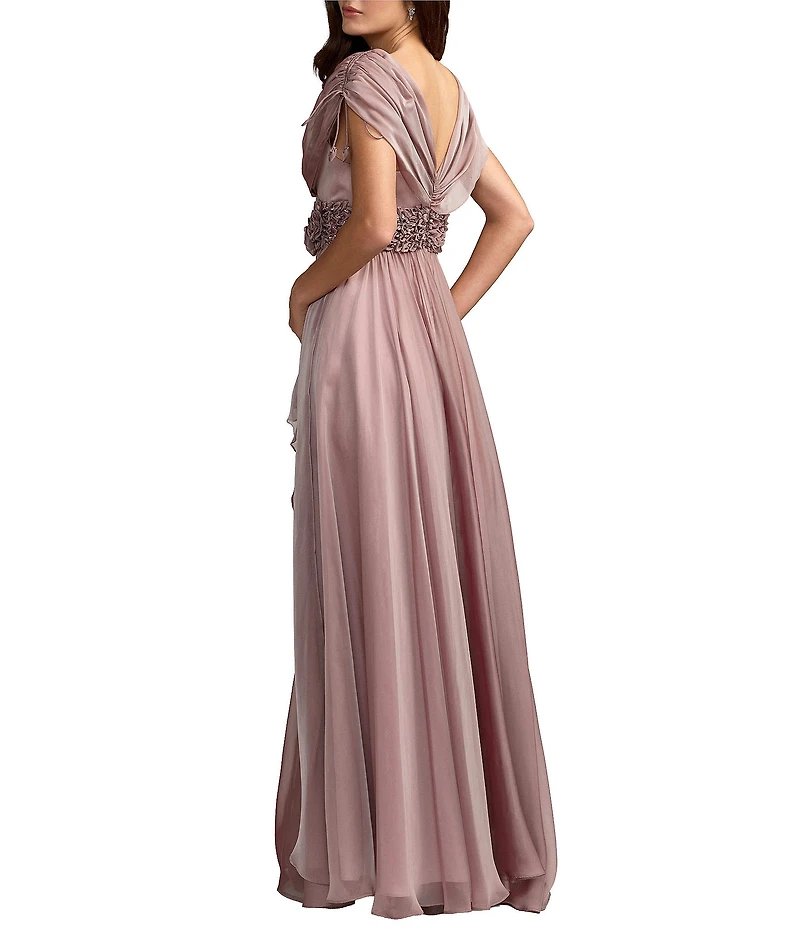 Mac Duggal Beaded Chiffon Draped Sleeves V Neck Gown