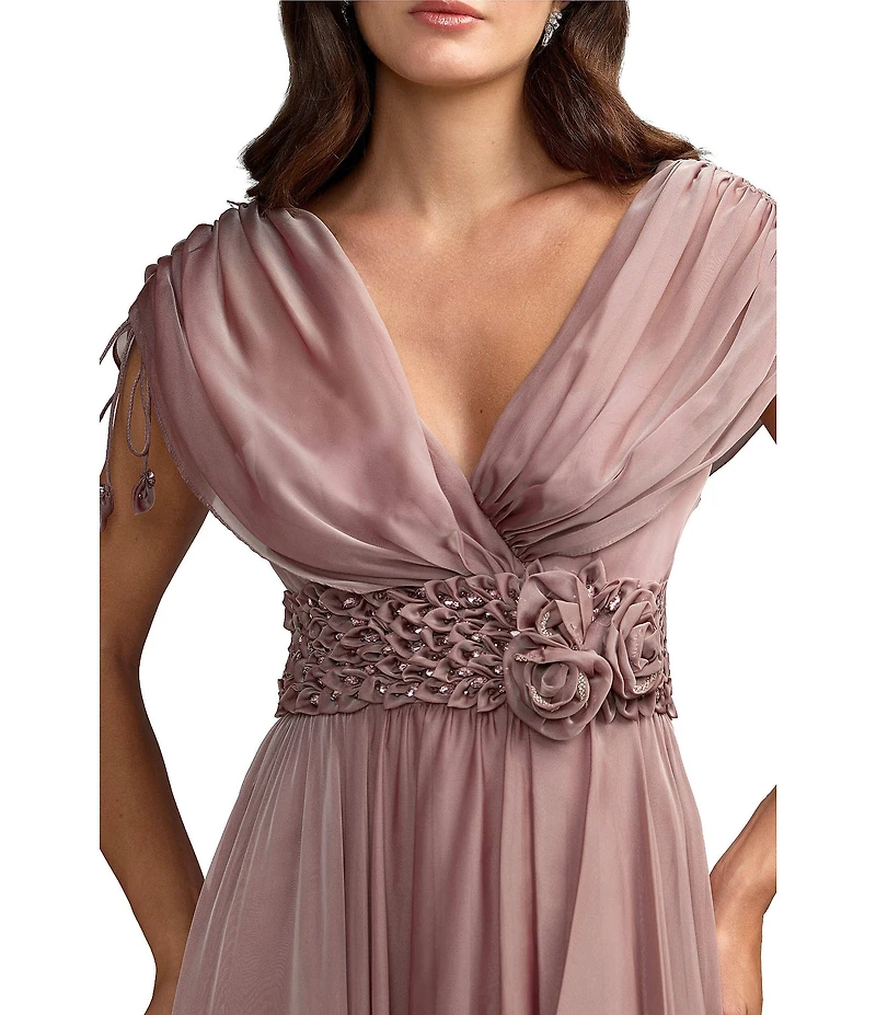 Mac Duggal Beaded Chiffon Draped Sleeves V Neck Gown