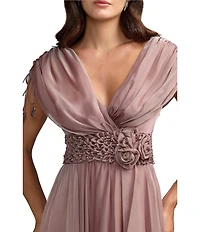 Mac Duggal Beaded Chiffon Draped Sleeves V Neck Gown