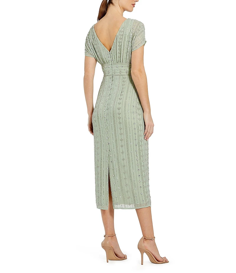 Mac Duggal Beaded Chiffon Short Sleeve Boat Neck Sheath Midi Dress