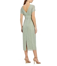 Mac Duggal Beaded Chiffon Short Sleeve Boat Neck Sheath Midi Dress