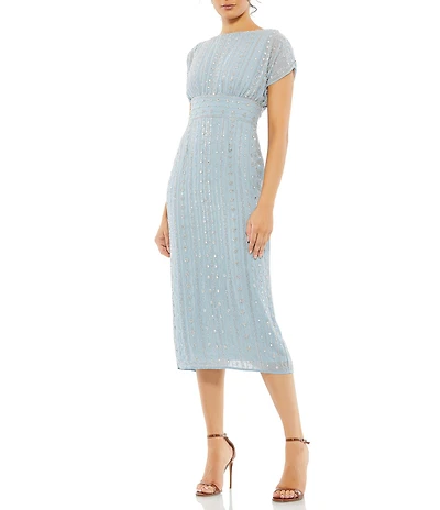 Mac Duggal Beaded Chiffon Short Sleeve Boat Neck Sheath Midi Dress