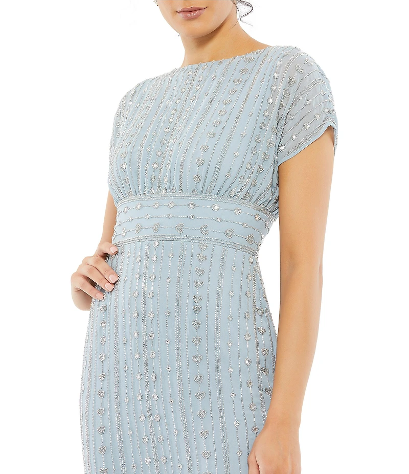 Mac Duggal Beaded Chiffon Short Sleeve Boat Neck Sheath Midi Dress