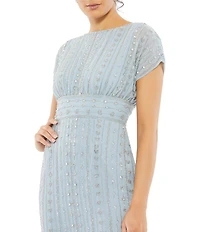 Mac Duggal Beaded Chiffon Short Sleeve Boat Neck Sheath Midi Dress