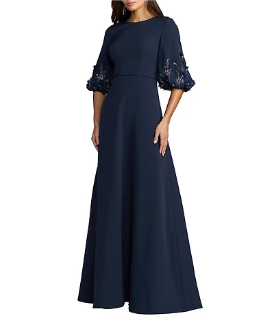 Mac Duggal Beaded Crepe Bishop Sleeve A-Line Gown