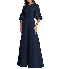Mac Duggal Beaded Crepe Bishop Sleeve A-Line Gown