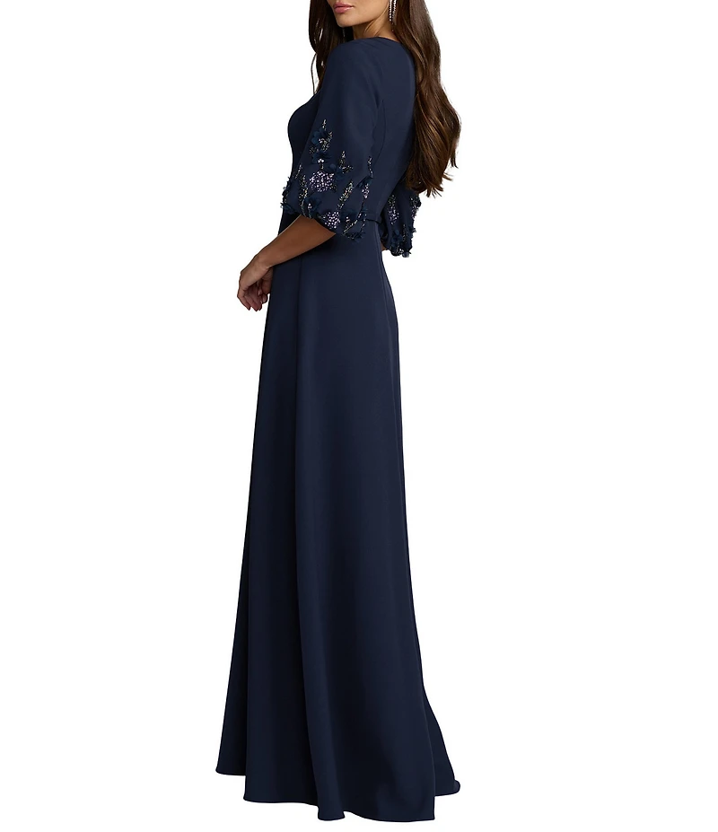 Mac Duggal Beaded Crepe Bishop Sleeve A-Line Gown