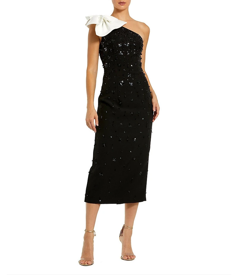 Mac Duggal Beaded Crepe One Shoulder Midi Dress With Bow