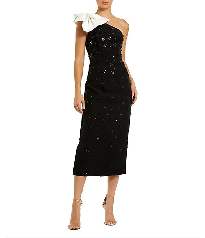 Mac Duggal Beaded Crepe One Shoulder Midi Dress With Bow