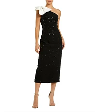 Mac Duggal Beaded Crepe One Shoulder Midi Dress With Bow