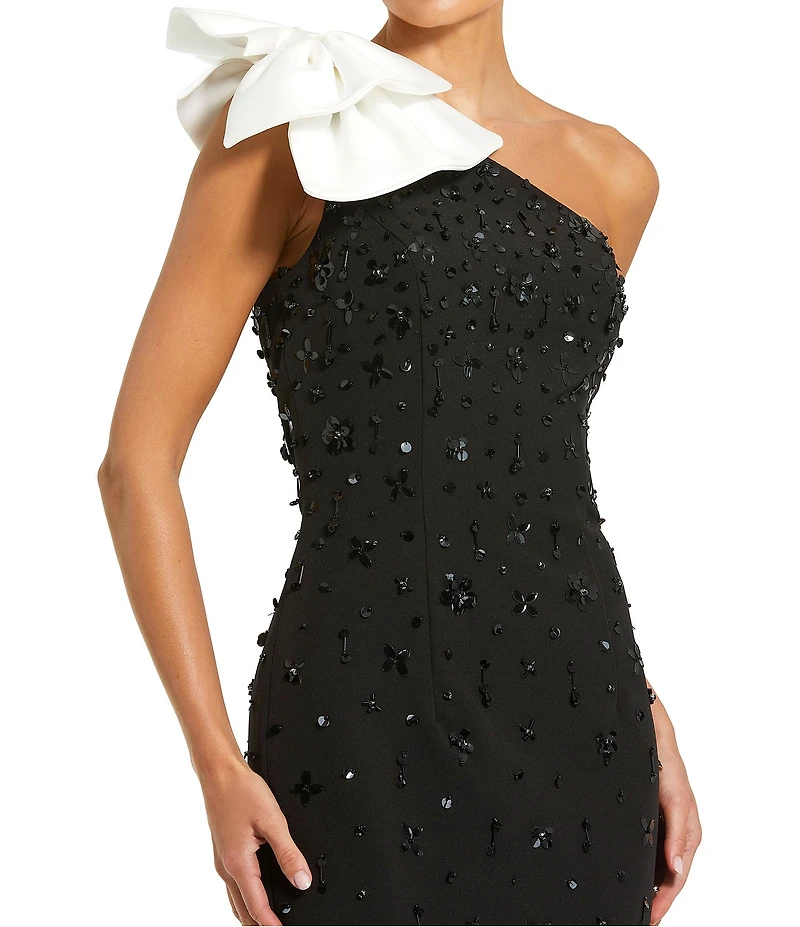 Mac Duggal Beaded Crepe One Shoulder Midi Dress With Bow