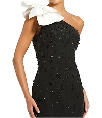 Mac Duggal Beaded Crepe One Shoulder Midi Dress With Bow