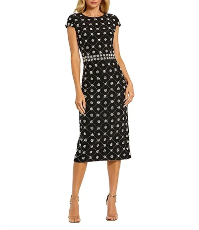 Mac Duggal Beaded Crew Neck Cap Sleeve Sheath Midi Dress