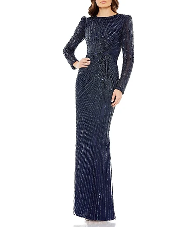 Mac Duggal Beaded Crew Neck Long Puffed Sleeve Sheath Gown