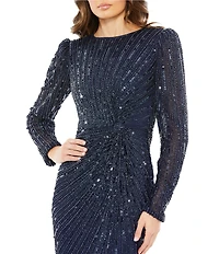 Mac Duggal Beaded Crew Neck Long Puffed Sleeve Sheath Gown