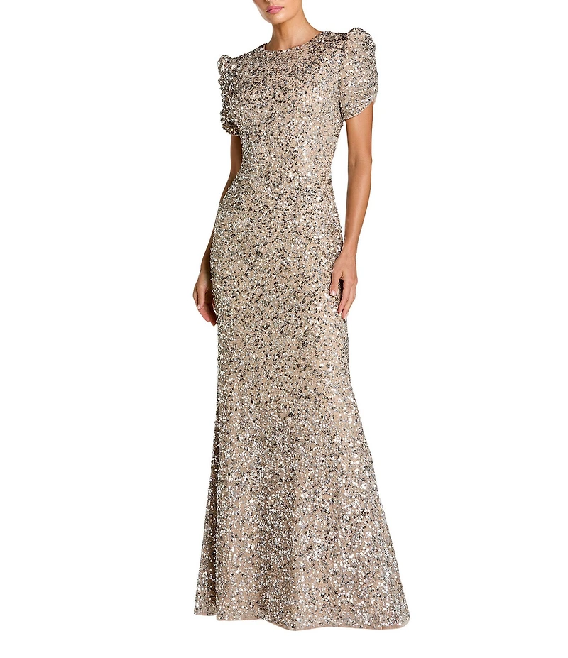 Mac Duggal Beaded Crew Neck Ruched Short Sleeve Gown