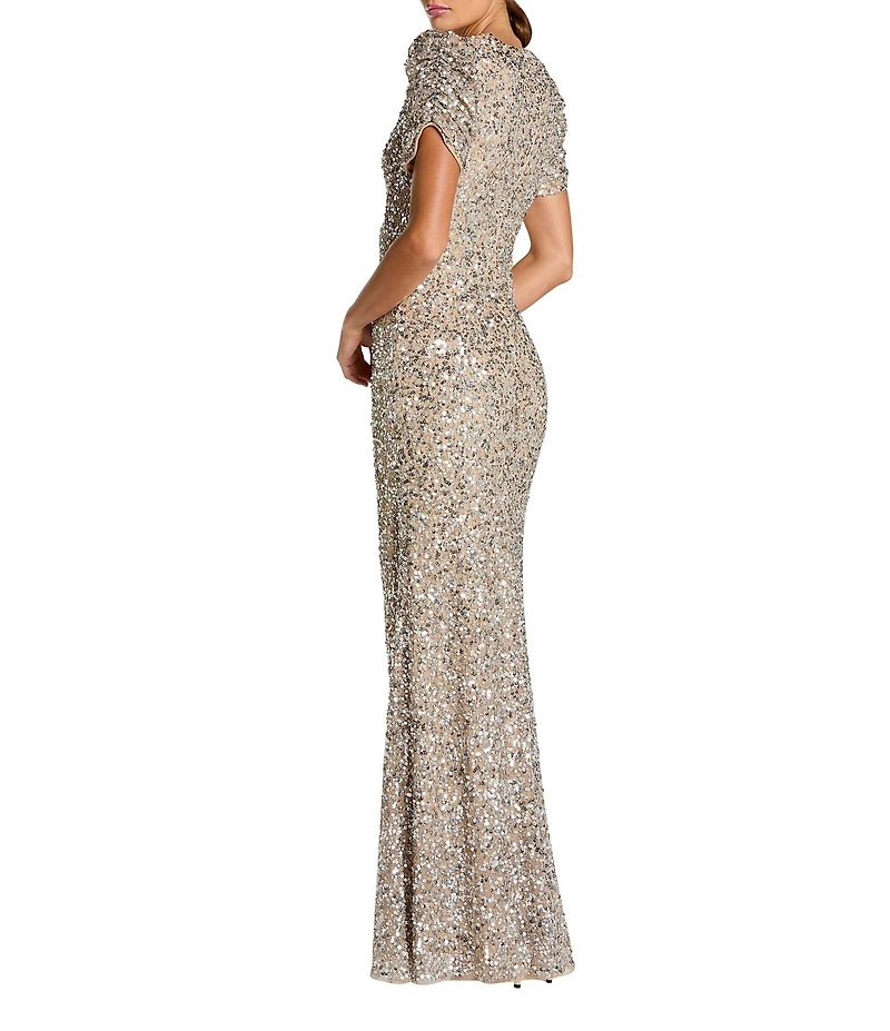 Mac Duggal Beaded Crew Neck Ruched Short Sleeve Gown