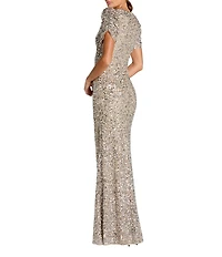 Mac Duggal Beaded Crew Neck Ruched Short Sleeve Gown