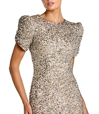 Mac Duggal Beaded Crew Neck Ruched Short Sleeve Gown