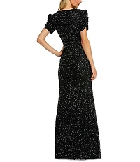 Mac Duggal Beaded Crew Neck Ruched Short Sleeve Gown
