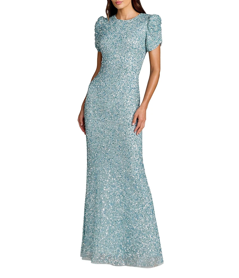 Mac Duggal Beaded Crew Neck Ruched Short Sleeve Gown