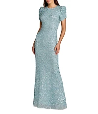 Mac Duggal Beaded Crew Neck Ruched Short Sleeve Gown