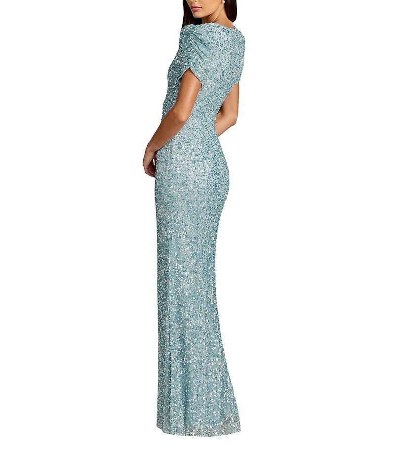Mac Duggal Beaded Crew Neck Ruched Short Sleeve Gown