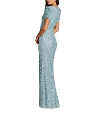 Mac Duggal Beaded Crew Neck Ruched Short Sleeve Gown