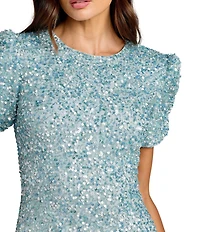 Mac Duggal Beaded Crew Neck Ruched Short Sleeve Gown