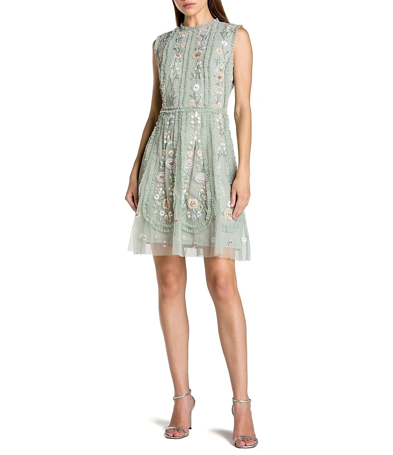 Mac Duggal Floral Beaded Crew Neck Sleeveless Dress